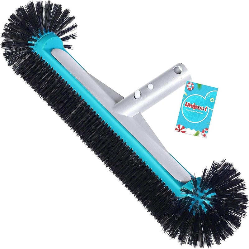 Unipool Swimming Pool Brush Head with Round Ends,17.5" Heavy Duty Aluminum Back Head for Cleans Walls, Tiles & Floors, 7 Rows Premium Nylon Bristles with EZ Clips (Blue Black) - Image 1